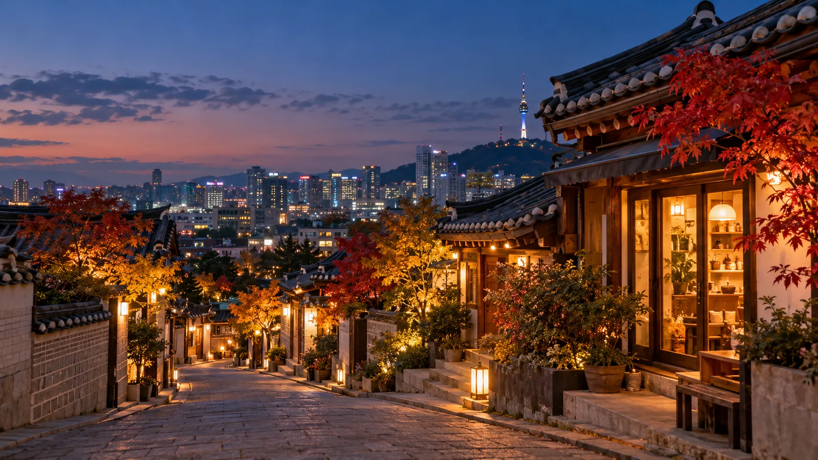 首尔秋夜，韩屋街道和远处的南山塔